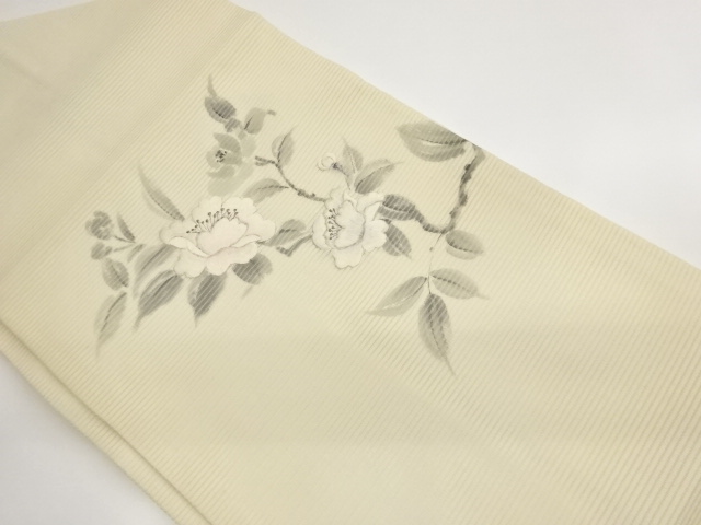 絽手描き花に枝葉模様刺繍名古屋帯